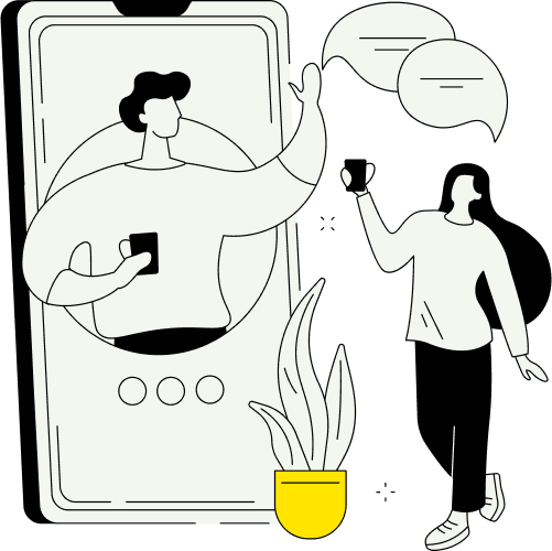 image showing two people chatting drinking coffee, one of them coming out of a mobile phone