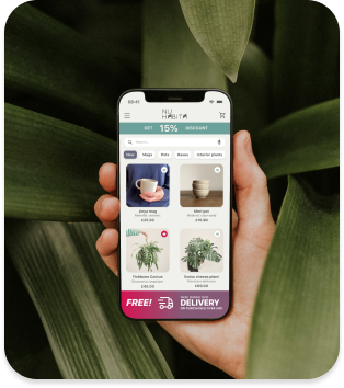 project cover image showing a person holding a mobile phone showcasing the product page of the website